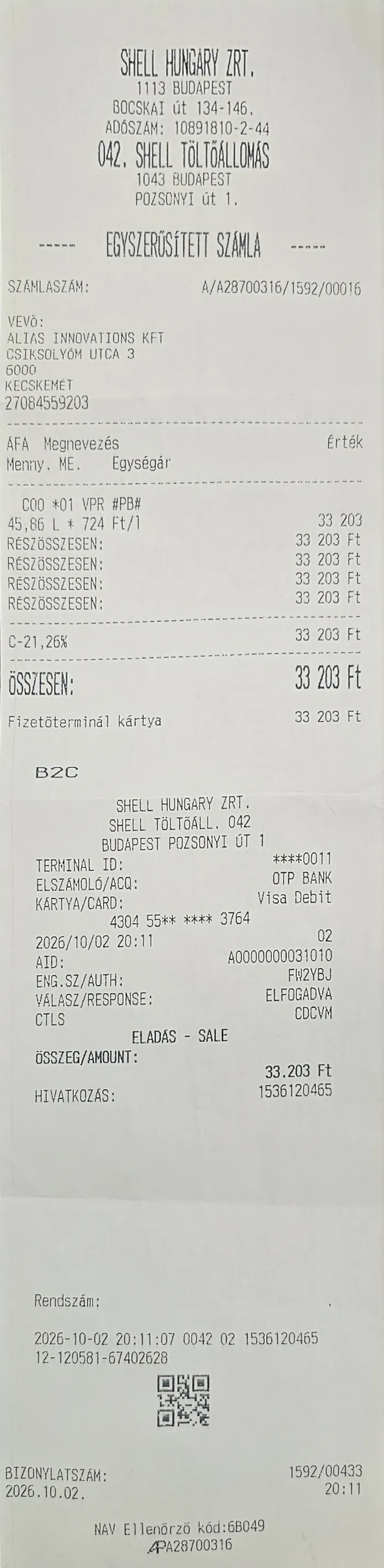 Mintaszámla: Shell Hungary Zrt.
