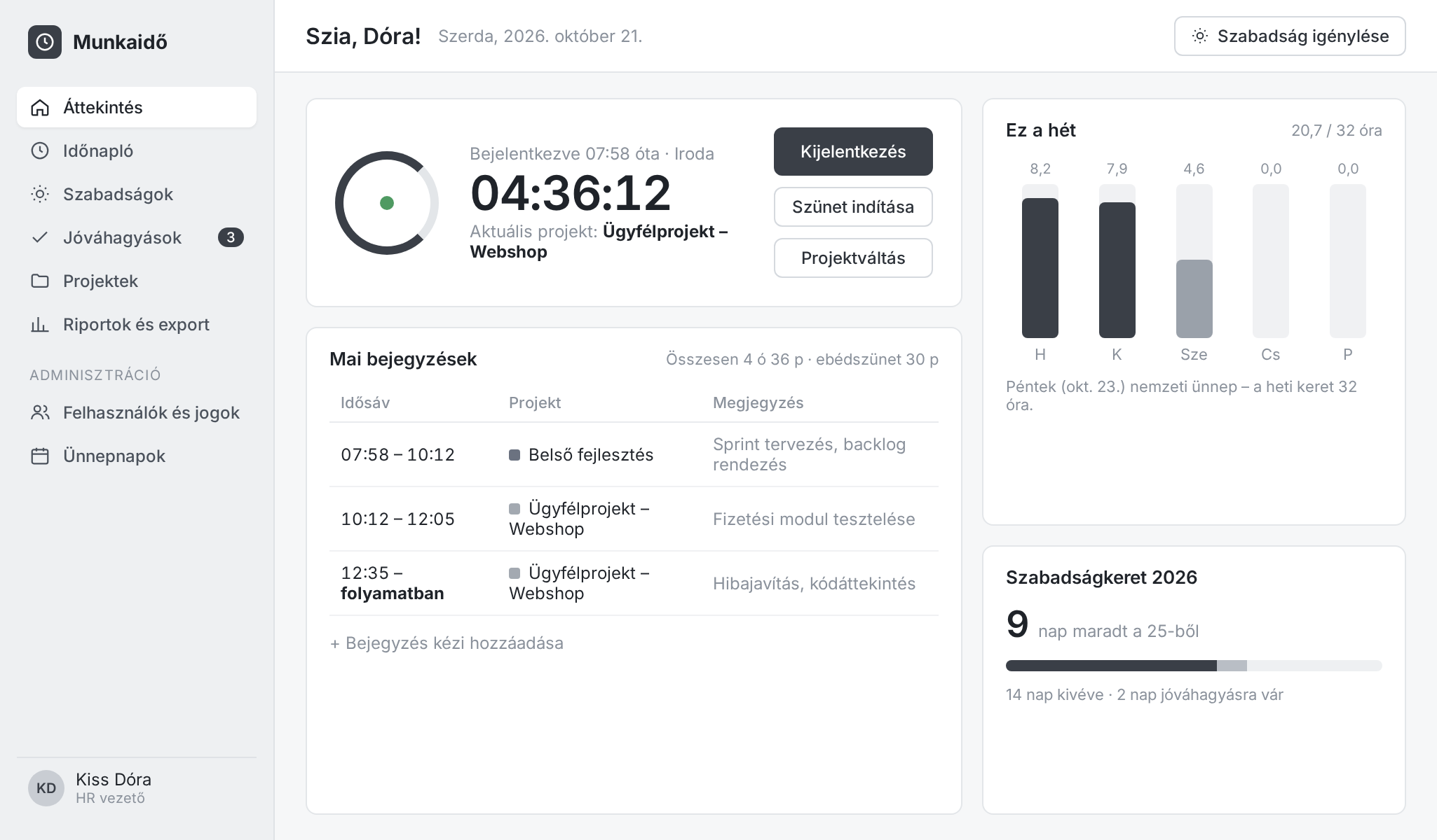 Overview page with clock-in and clock-out, today's entries, weekly hours and remaining leave