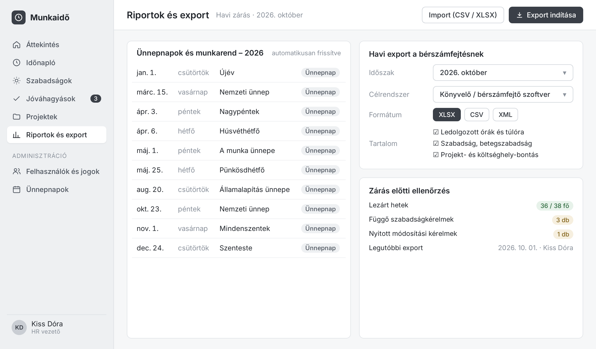 Public holiday list and monthly payroll export settings, with a pre-close checklist